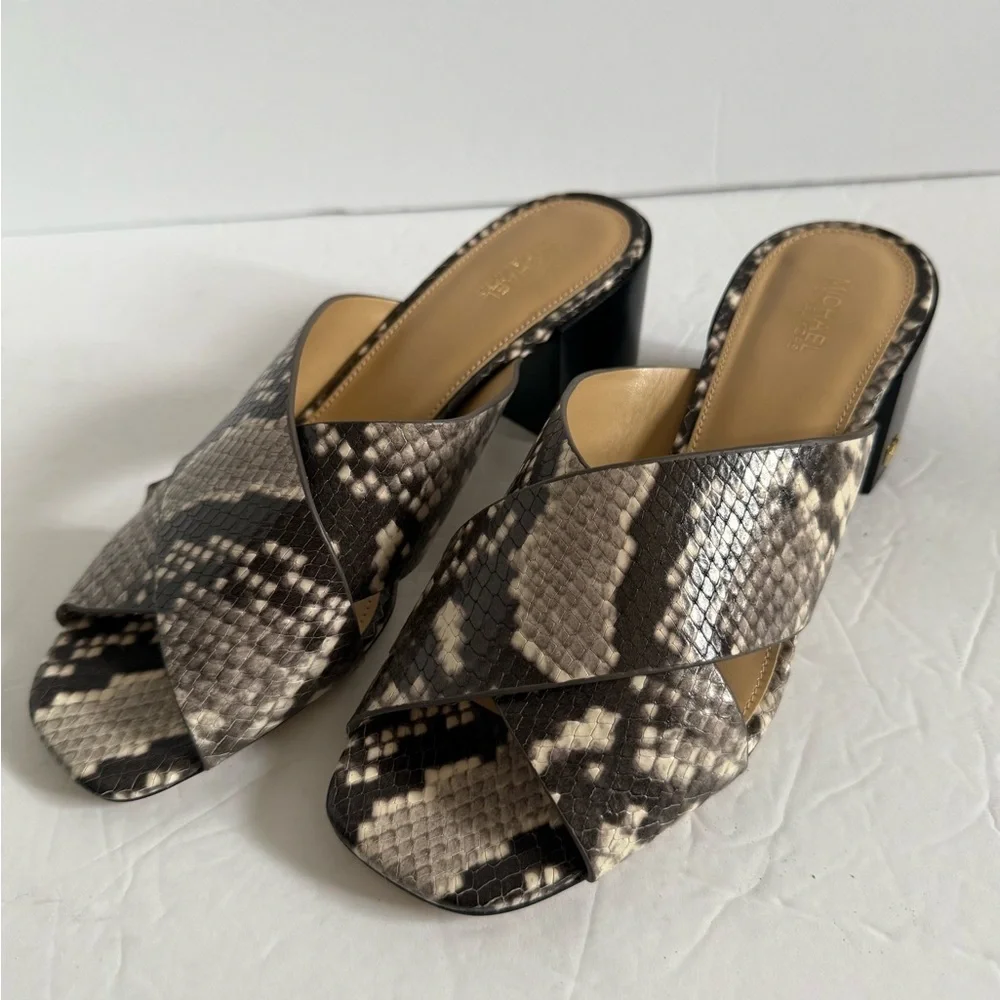 Michael Kors Brown Snake Print Mules Slides Chunky Block Heel Sandals Women 7